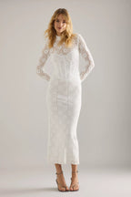 Lace Bardot Midi Dress with Long Sleeves