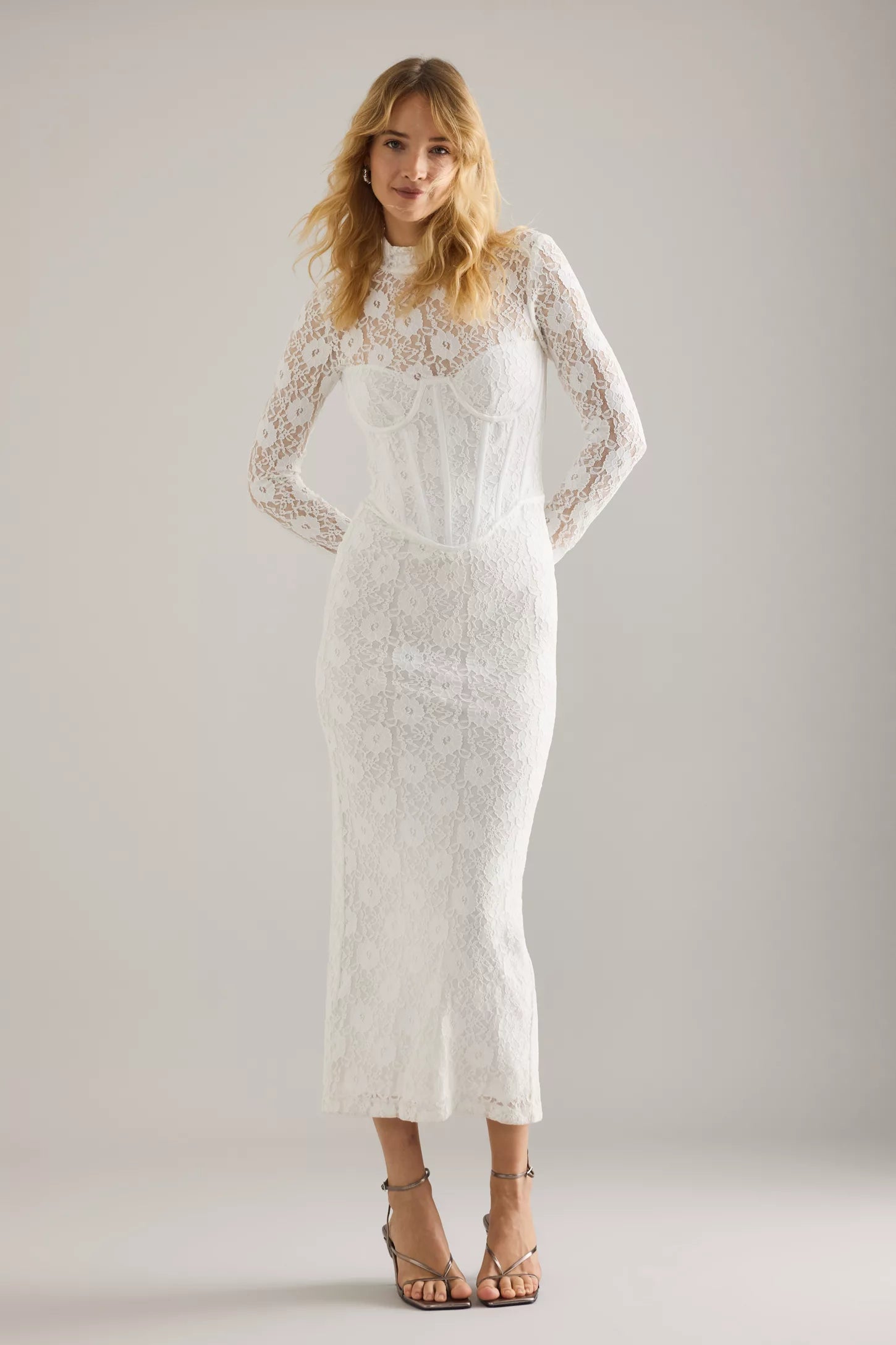 Lace Bardot Midi Dress with Long Sleeves